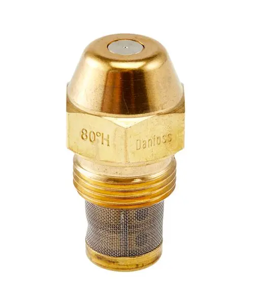 Öldüse aus Messing mit einem Sieb, auf dem die Marke Danfoss sichtbar ist. Das Produkt hat eine runde Kappe und ein Gewinde zur Befestigung.